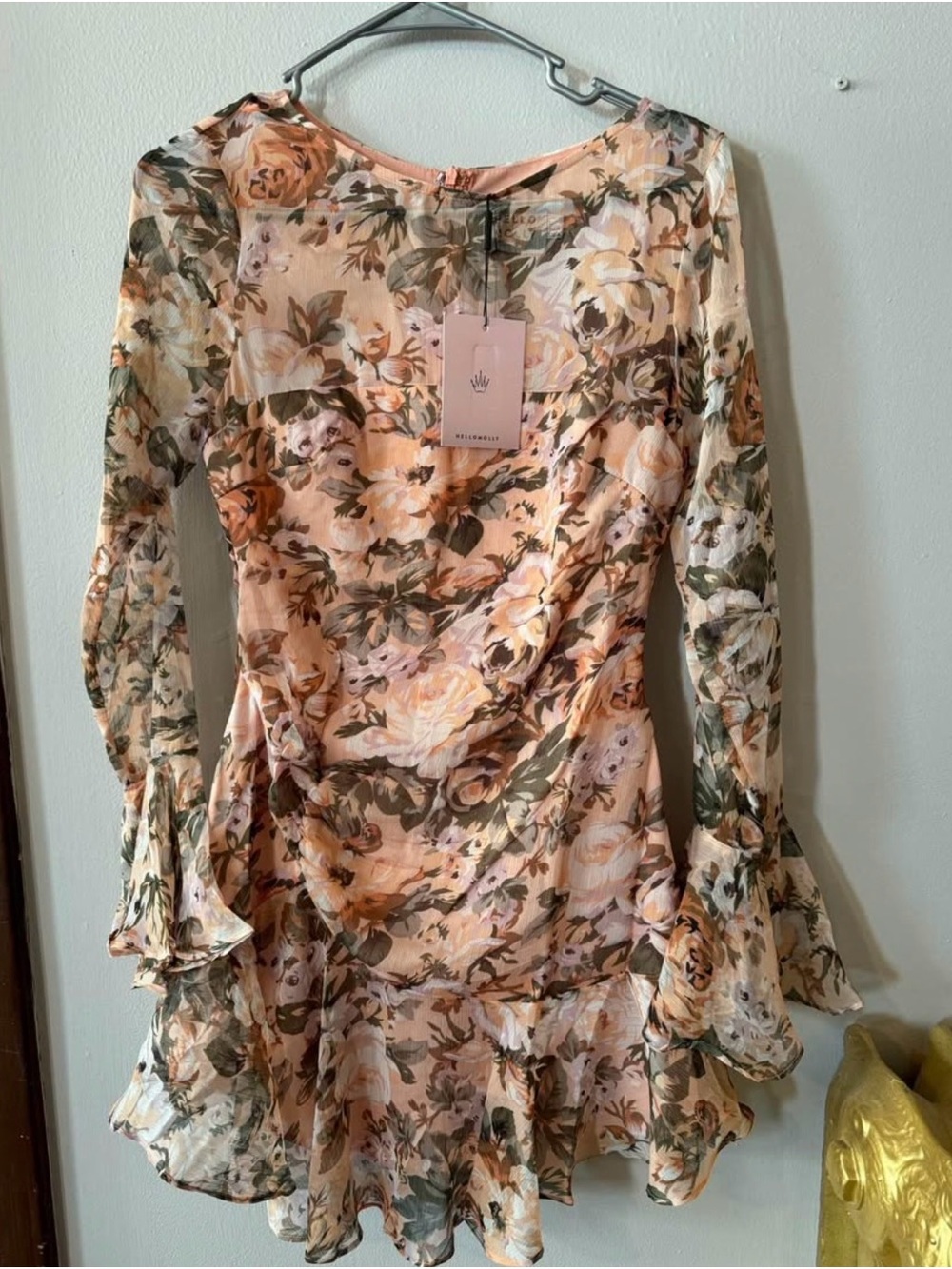 Floral Ruffle Hem Long-Sleeve Mini Dress - Peach Pink - Picture 2 of 6